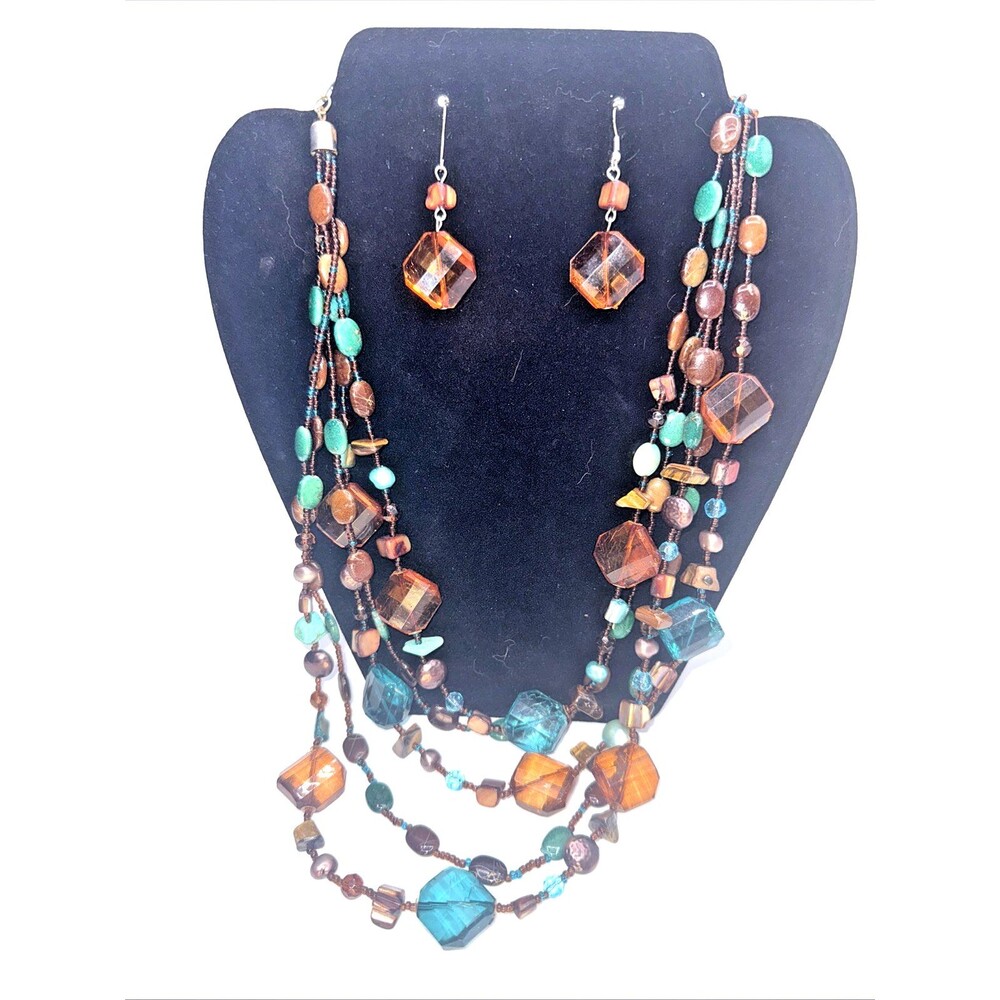 Vintage Coldwater Creek Jewelry Blue And Brown Beeded Necklace And Earrings